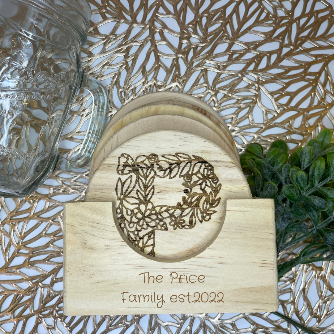Family Floral Lace Monogram | Wood Coaster 6 Plus Holder |