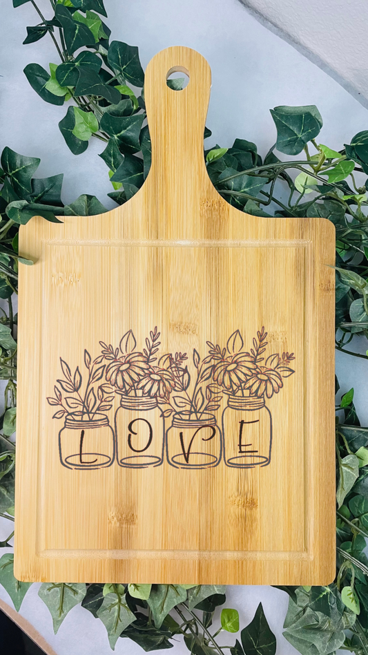 Love Mason Jar Paddle Bamboo Cutting Board | Bamboo Paddle Cutting Board | Customized Paddle Cutting Board | Laser Engraved |