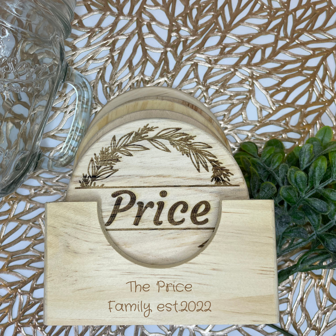 Family Flower Wreath Monogram | Wood Coaster 6 Plus Holder |
