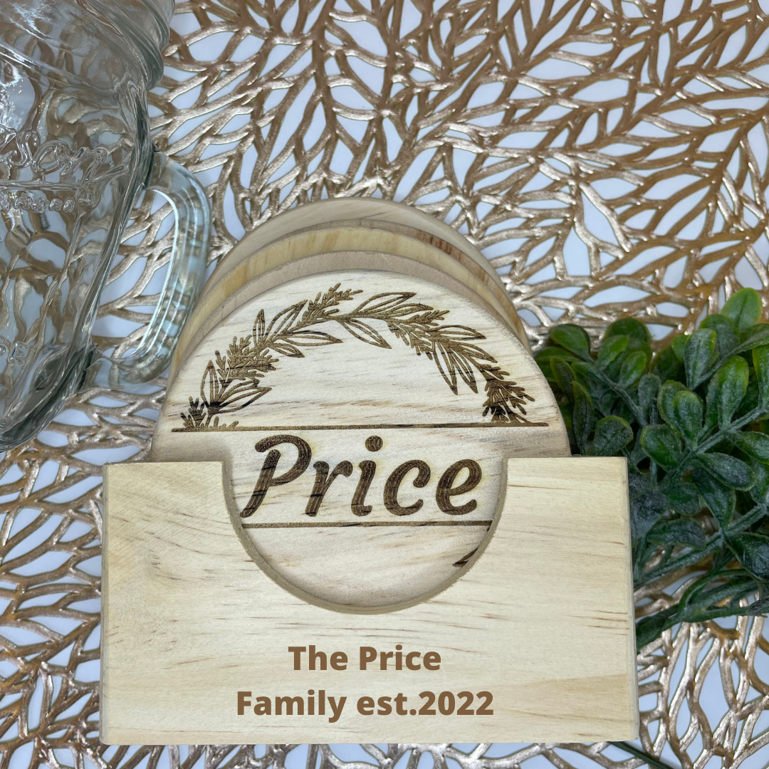 Family Flower Wreath Monogram | Wood Coaster 6 Plus Holder |