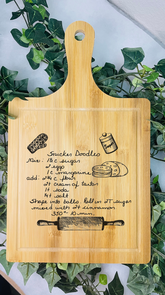 Paddle Recipe Bamboo Cutting Board | Hand Written Recipe | Custom Engraved | Custom Cutting Board | Convert Picture to Engraving |