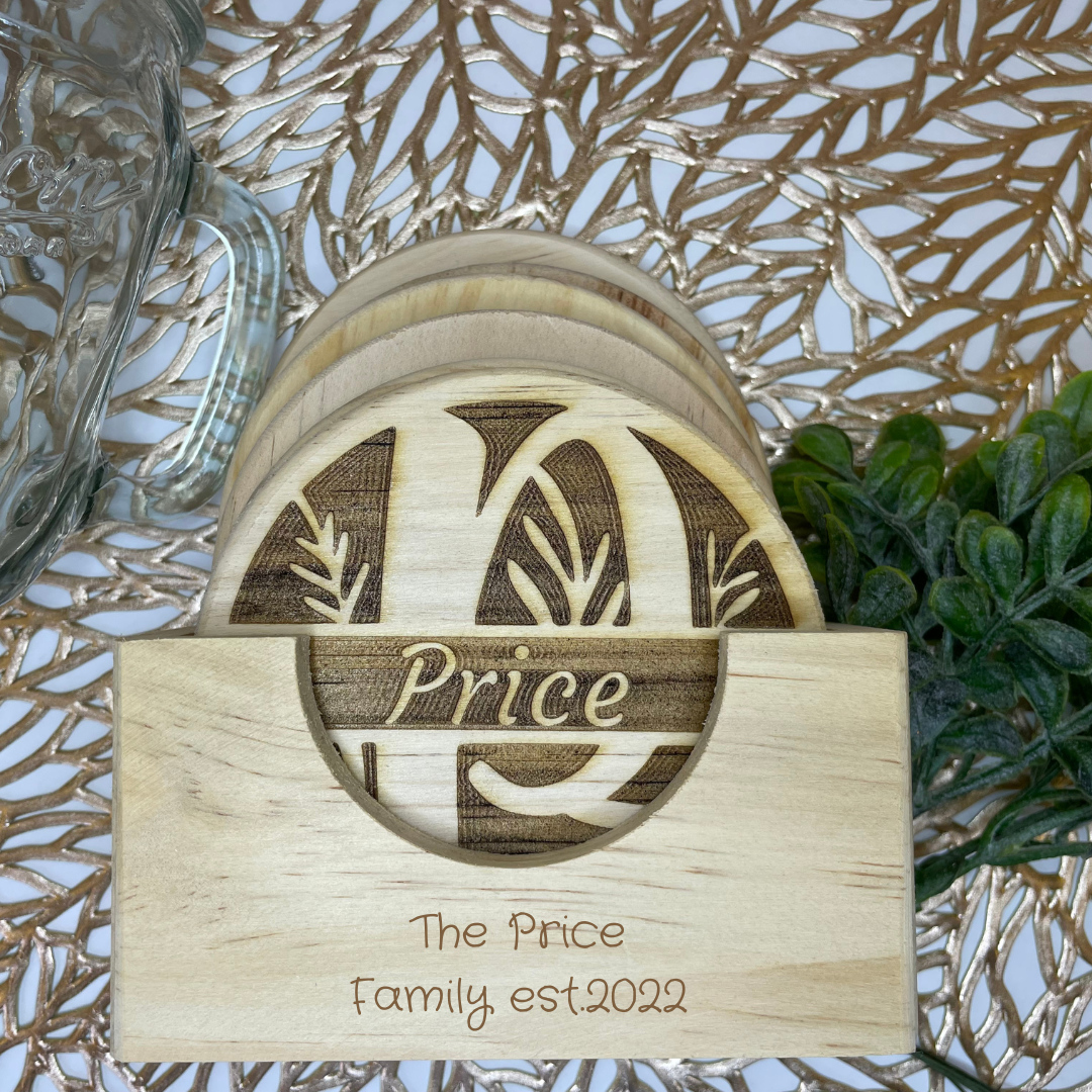 Family Floral Split Monogram | Wood Coaster 6 Plus Holder |