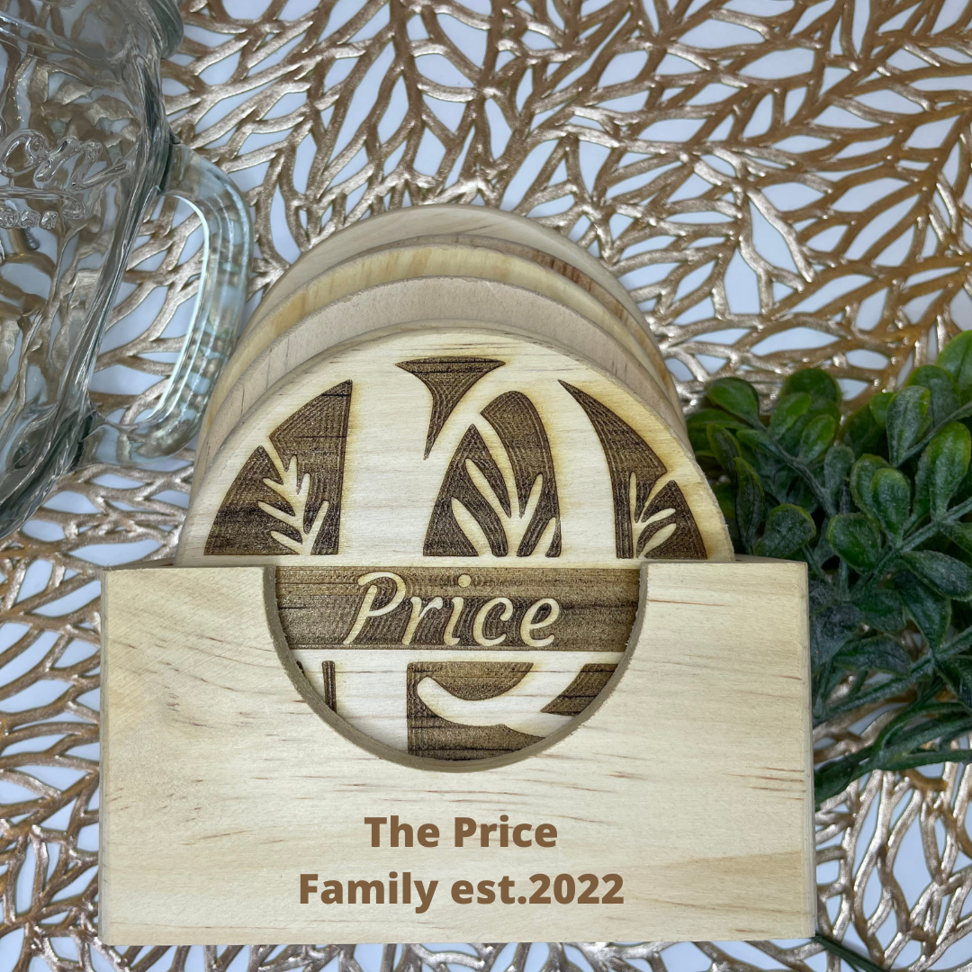 Family Floral Split Monogram | Wood Coaster 6 Plus Holder |