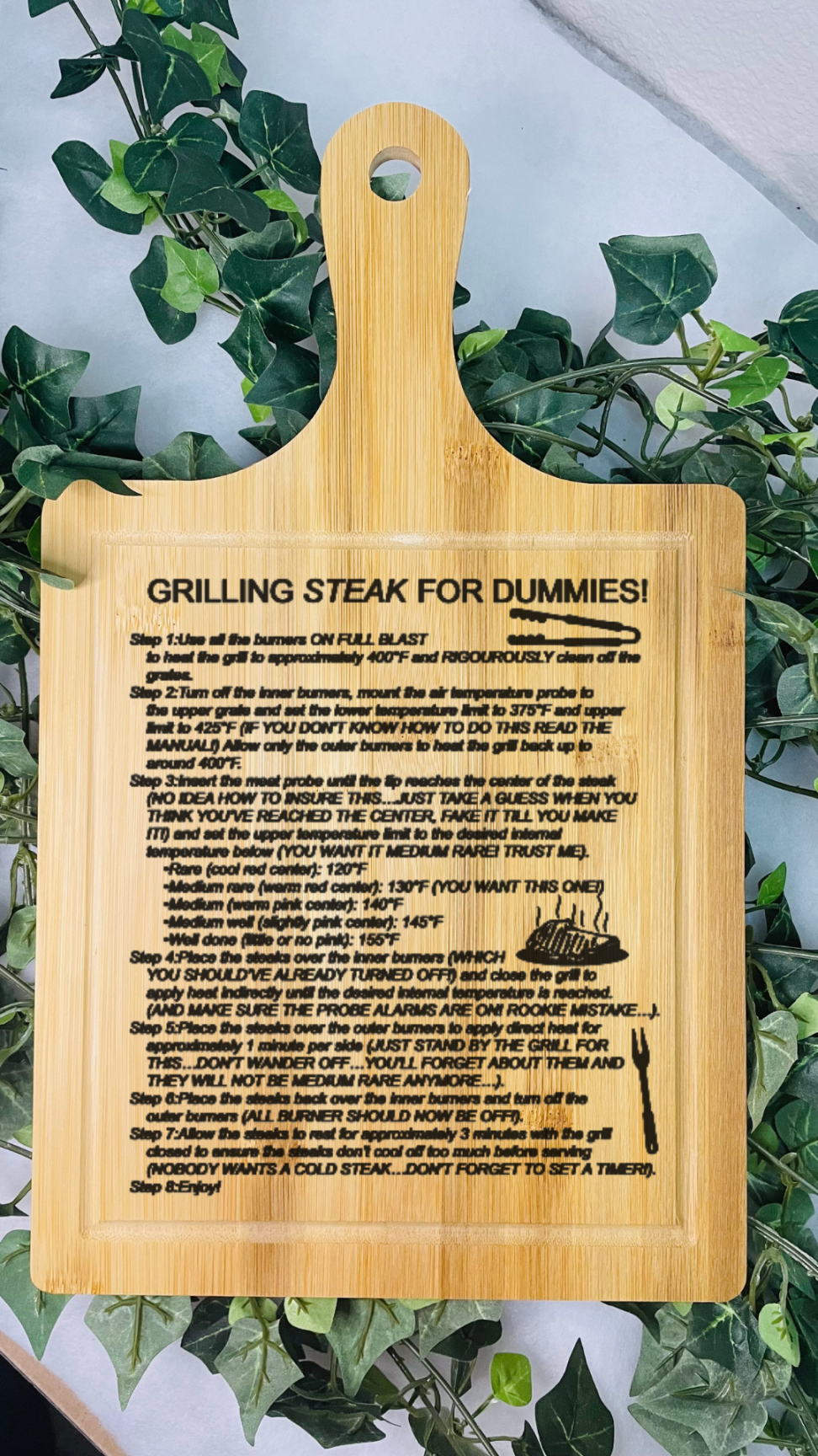 Grill Instructions For Him | Grill Funny Text | Paddle Bamboo Cutting Board | Laser Engraved | Dad Gift | Gift For Him |