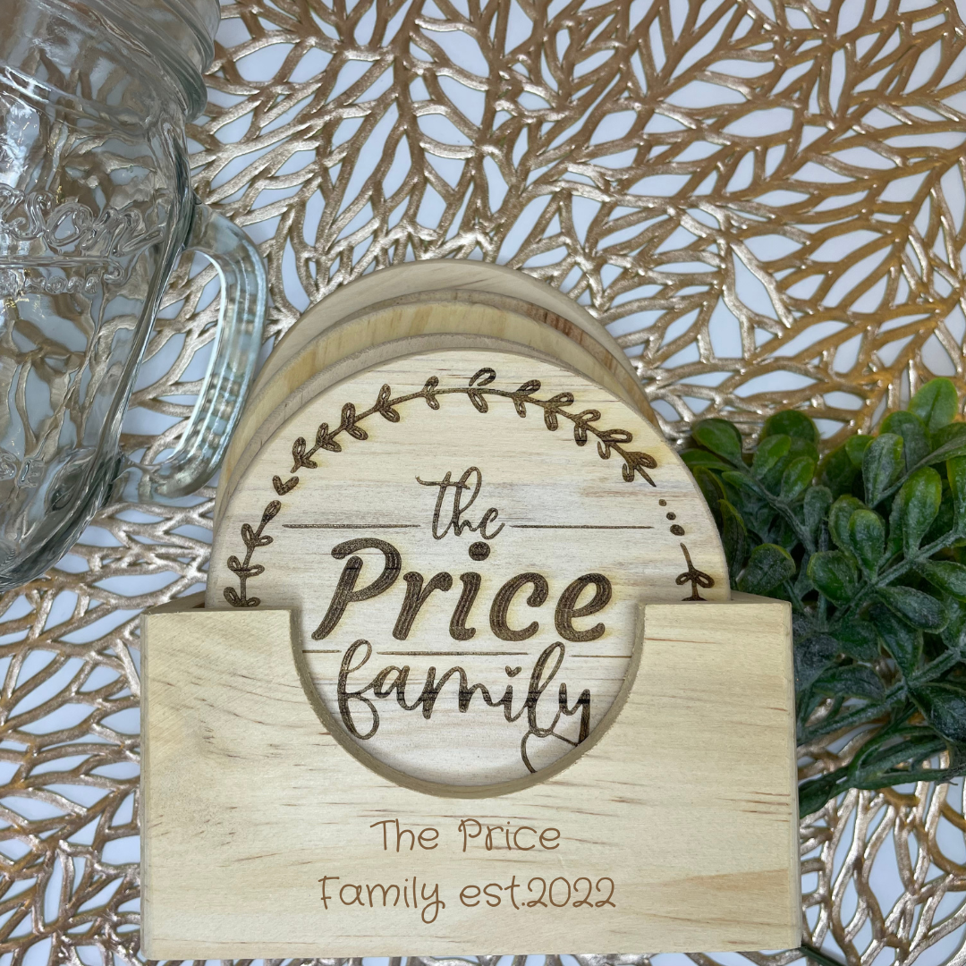 Family Wreath Monogram | Wood Coaster 6 Plus Holder |