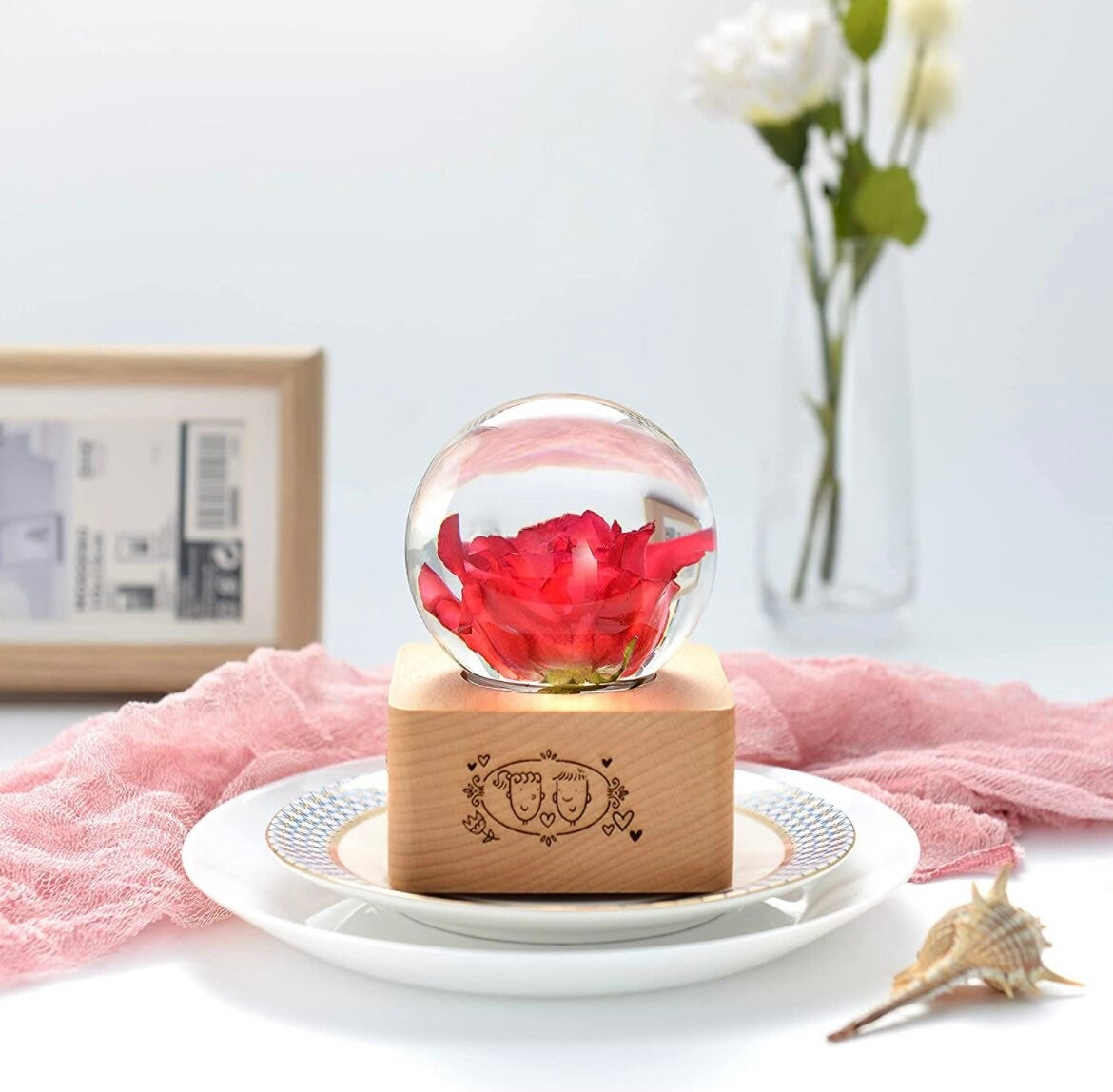 MISS LI Garden Rose Forever Flowers | Valentine | 3D Crystal Ball | LED Lights | Personalized | Custom Text | Custom Image | Laser Engraved