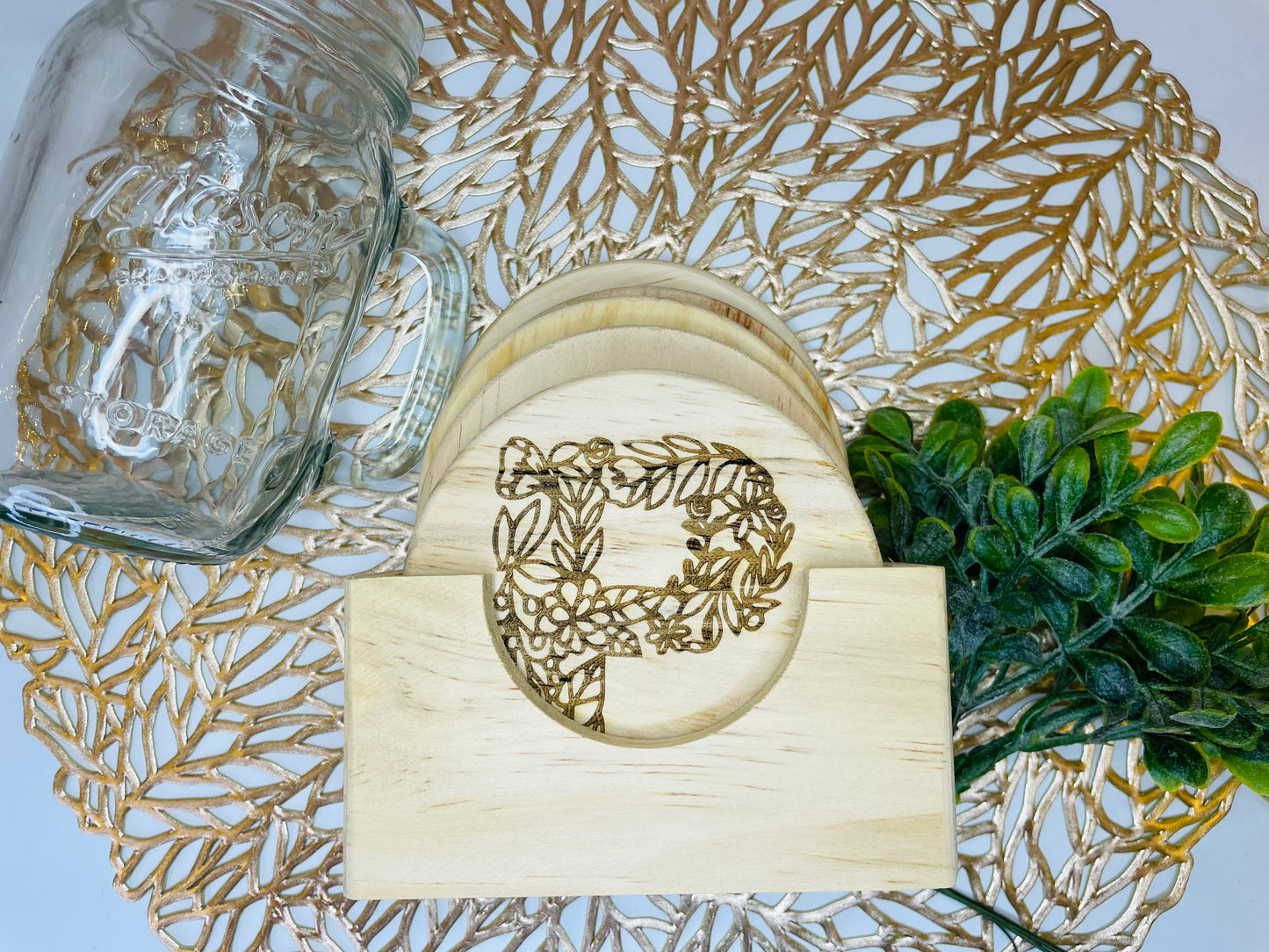 Family Floral Lace Monogram | Wood Coaster 6 Plus Holder |