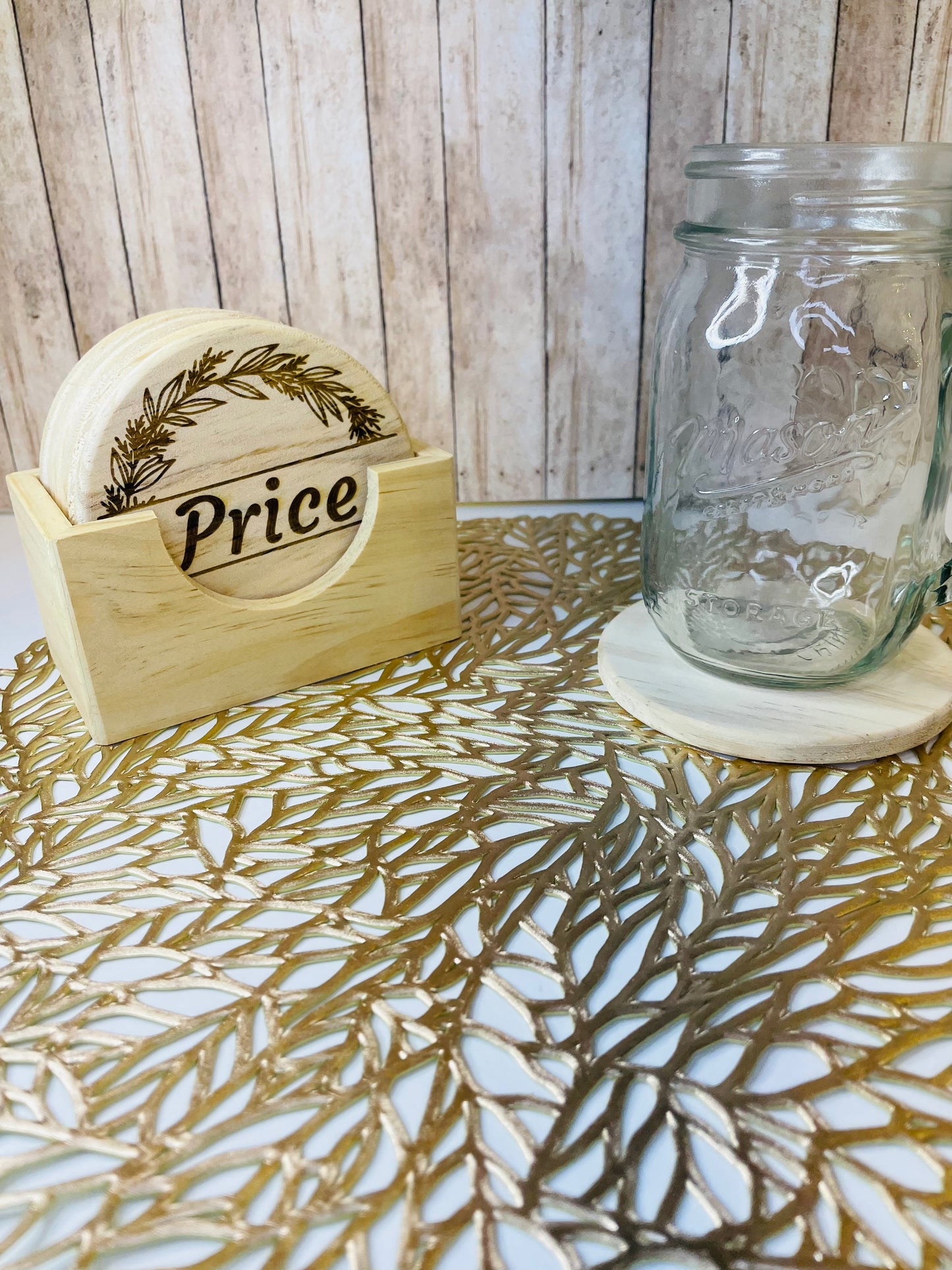 Family Flower Wreath Monogram | Wood Coaster 6 Plus Holder |