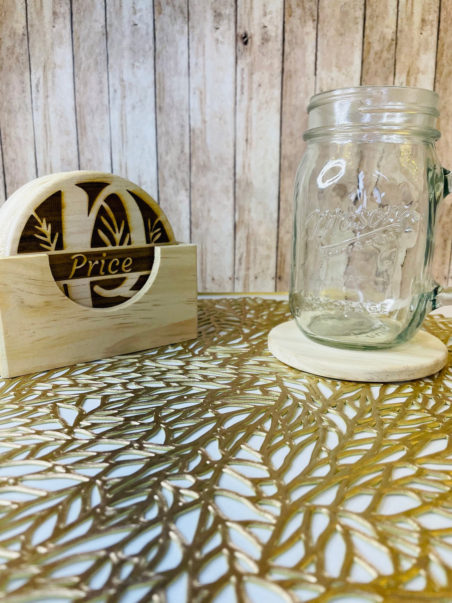 Family Floral Split Monogram | Wood Coaster 6 Plus Holder |