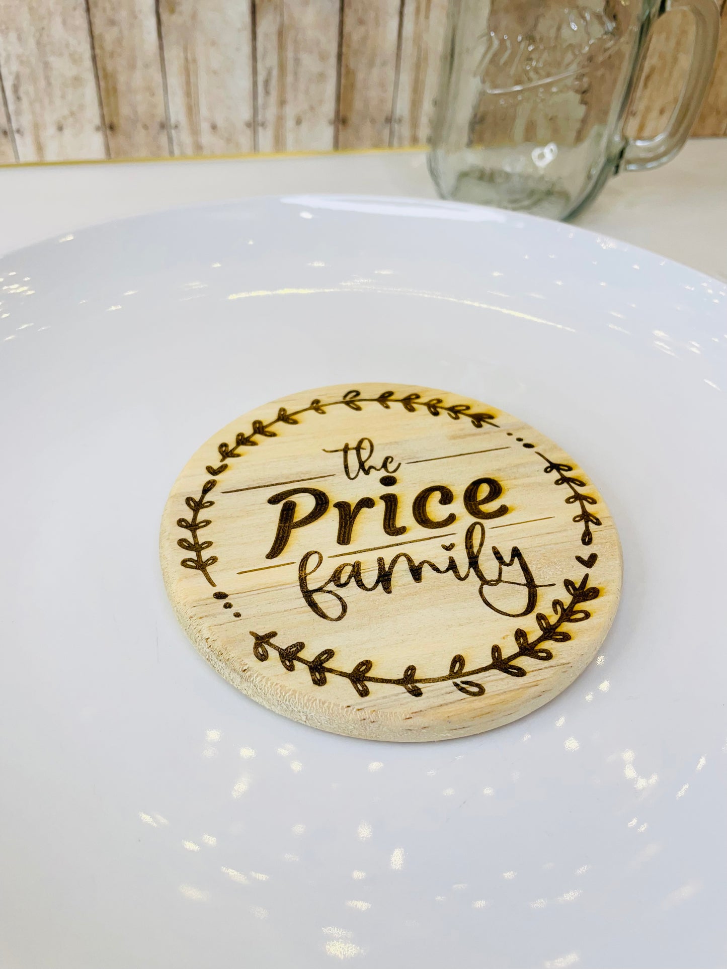 Family Wreath Monogram | Wood Coaster 6 Plus Holder |