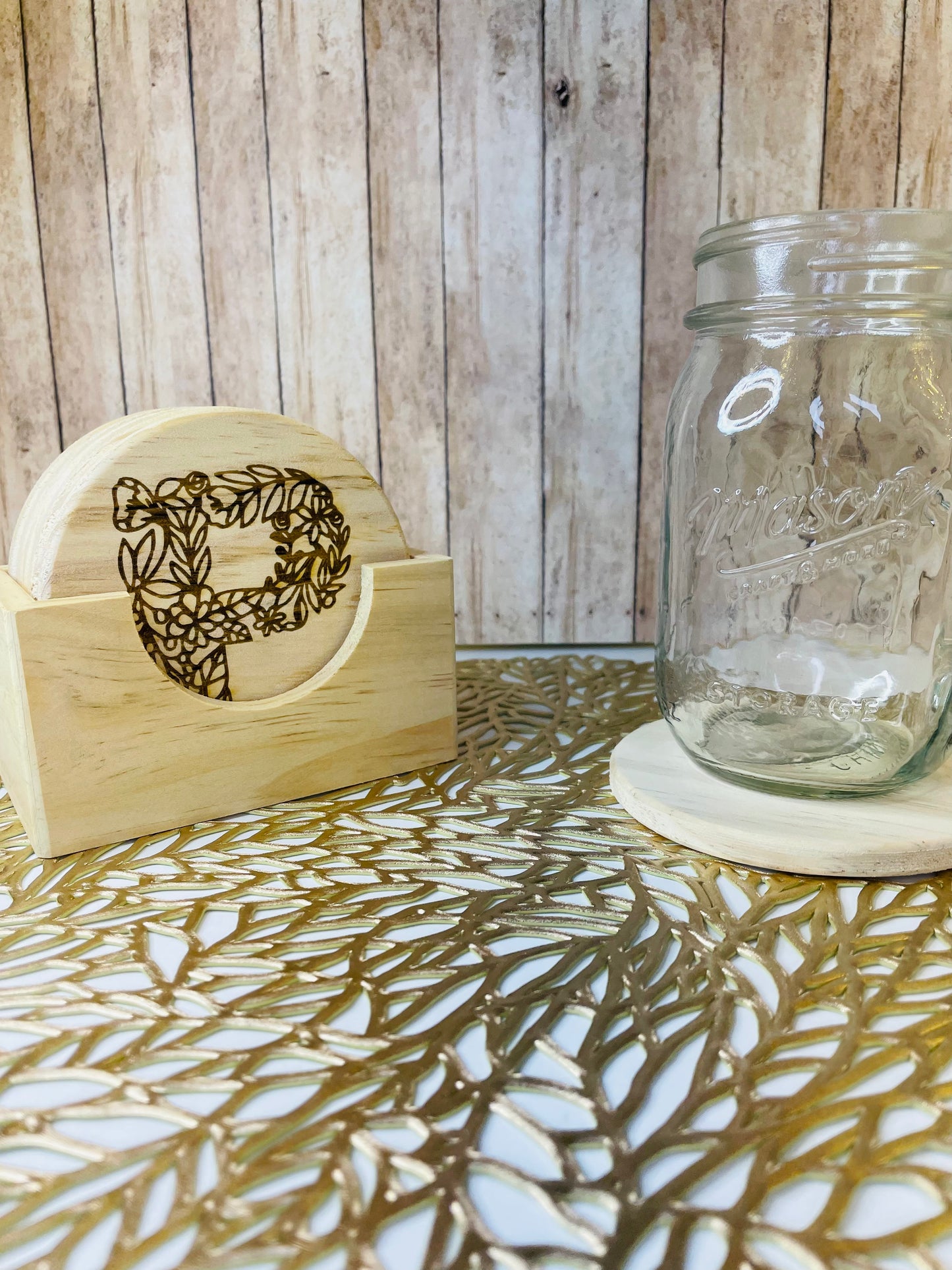 Family Floral Lace Monogram | Wood Coaster 6 Plus Holder |