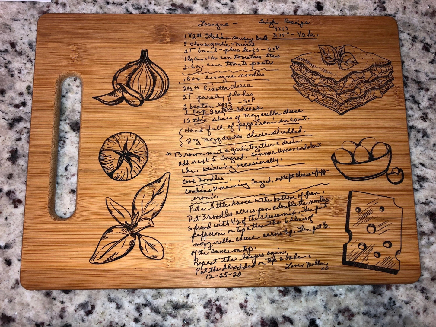 Classic Recipe Bamboo Cutting Board | Hand Written Recipe | Custom Engraved | Custom Cutting Board | Convert Picture to Engraving |