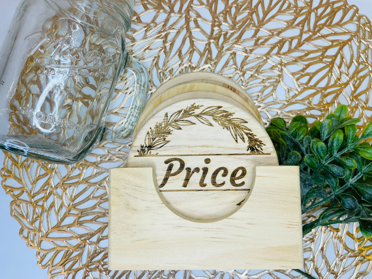 Family Flower Wreath Monogram | Wood Coaster 6 Plus Holder |