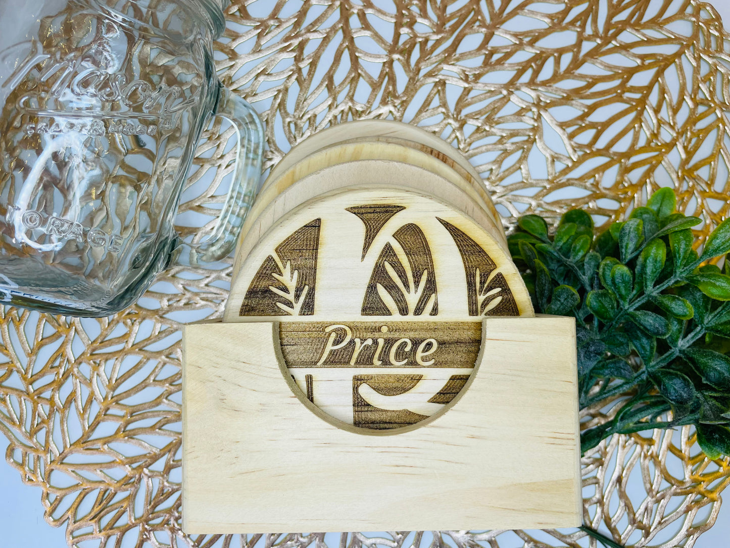Family Floral Split Monogram | Wood Coaster 6 Plus Holder |