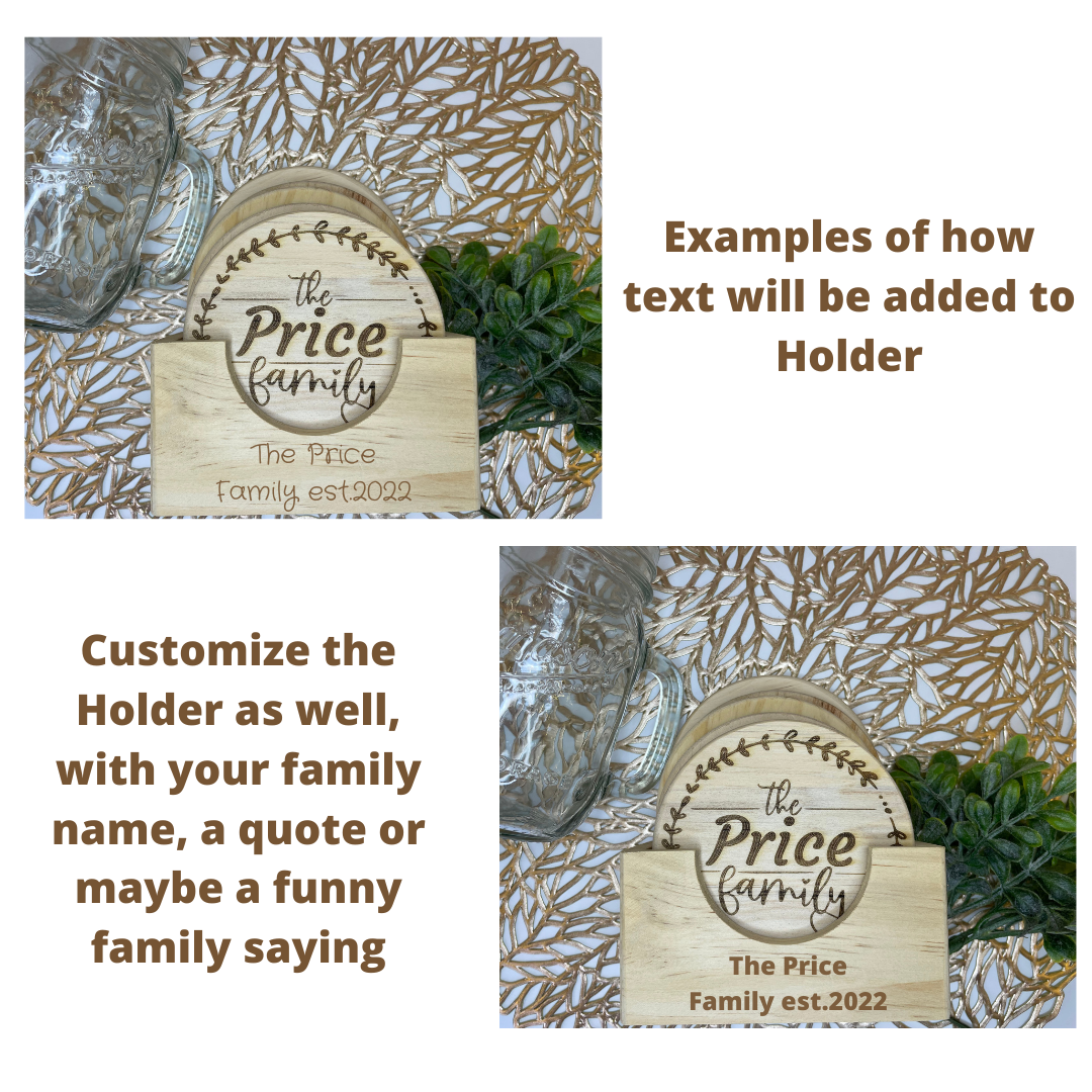 Family Wreath Monogram | Wood Coaster 6 Plus Holder |