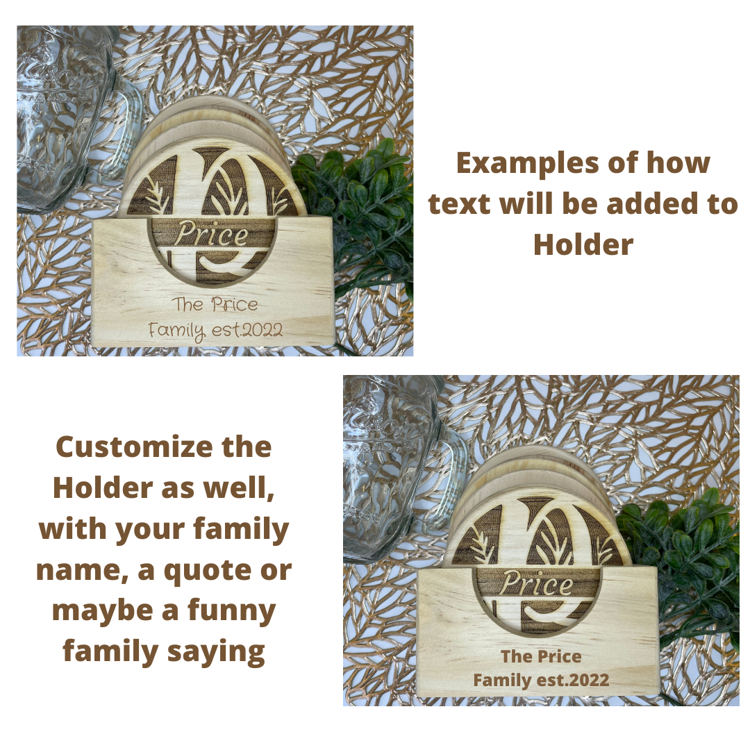 Family Floral Split Monogram | Wood Coaster 6 Plus Holder |