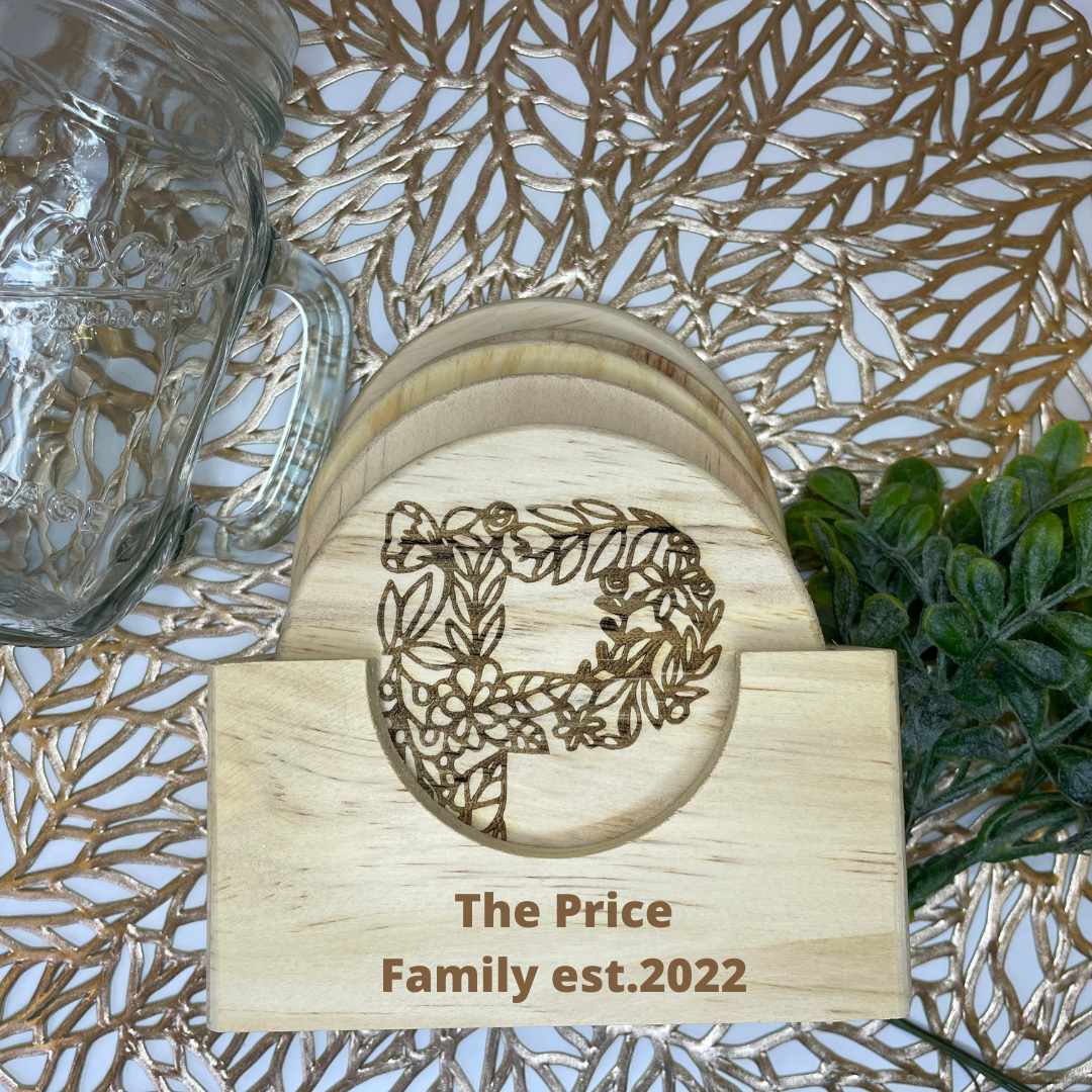 Family Floral Lace Monogram | Wood Coaster 6 Plus Holder |
