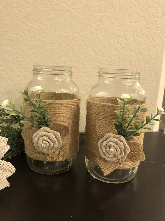 Mason Jar Twined | Pair Of 2 | Decorations | Toiletry Holder | Office Supply Holder | Farmhouse Decoration | Flower Holder |