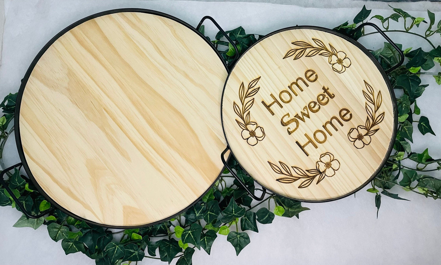 Home Sweet Home Wood Tray | Black & Natural Round Wood Tray | Laser Engraved | Wreath Wood Tray |