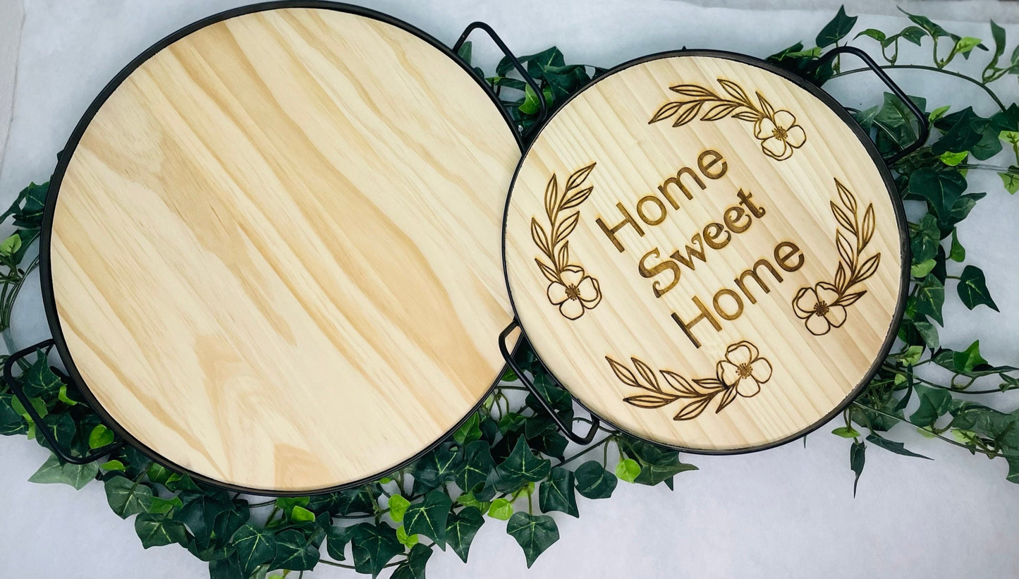 Home Sweet Home Wood Tray | Black & Natural Round Wood Tray | Laser Engraved | Wreath Wood Tray |