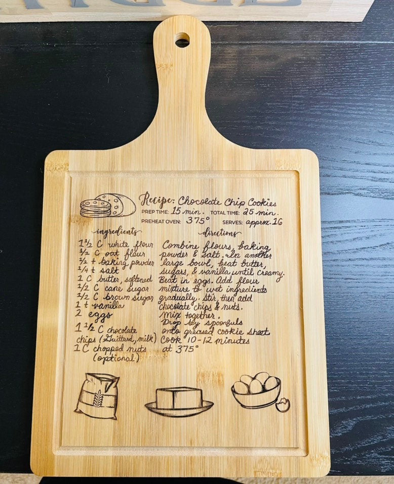 Paddle Recipe Bamboo Cutting Board | Hand Written Recipe | Custom Engraved | Custom Cutting Board | Convert Picture to Engraving |