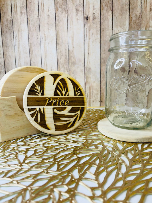 Family Floral Split Monogram | Wood Coaster 6 Plus Holder |