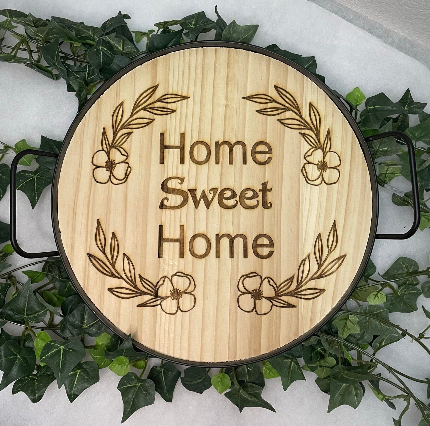 Home Sweet Home Wood Tray | Black & Natural Round Wood Tray | Laser Engraved | Wreath Wood Tray |