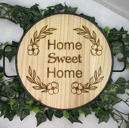 Home Sweet Home Wood Tray | Black & Natural Round Wood Tray | Laser Engraved | Wreath Wood Tray |