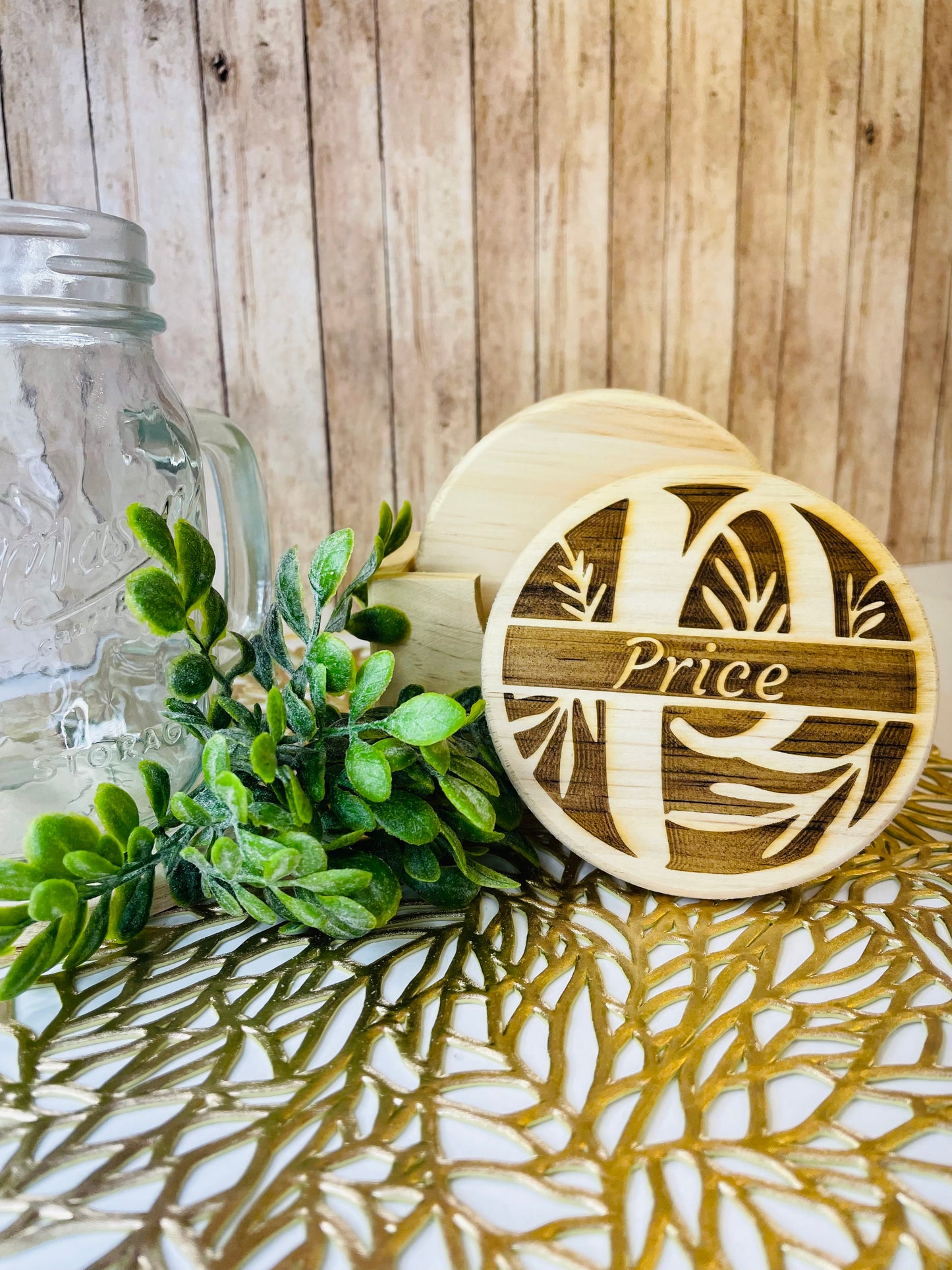 Family Floral Split Monogram | Wood Coaster 6 Plus Holder |