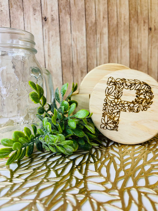 Family Floral Lace Monogram | Wood Coaster 6 Plus Holder |