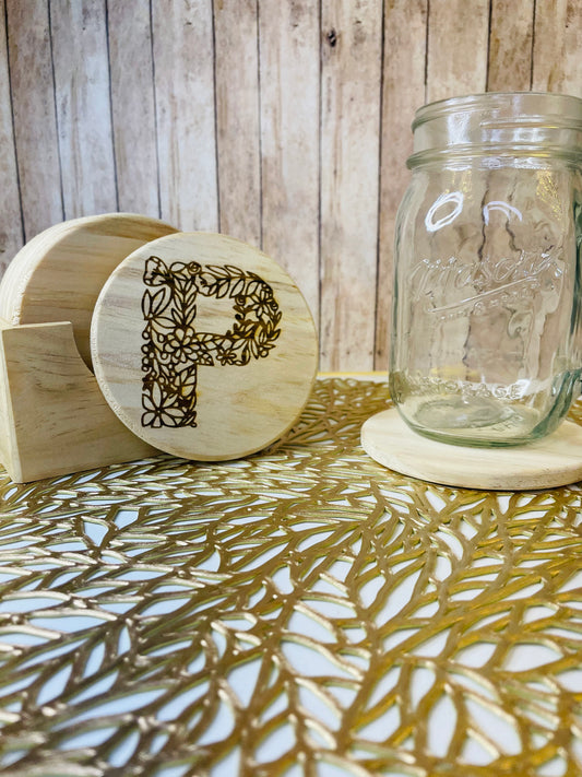 Family Floral Lace Monogram | Wood Coaster 6 Plus Holder |