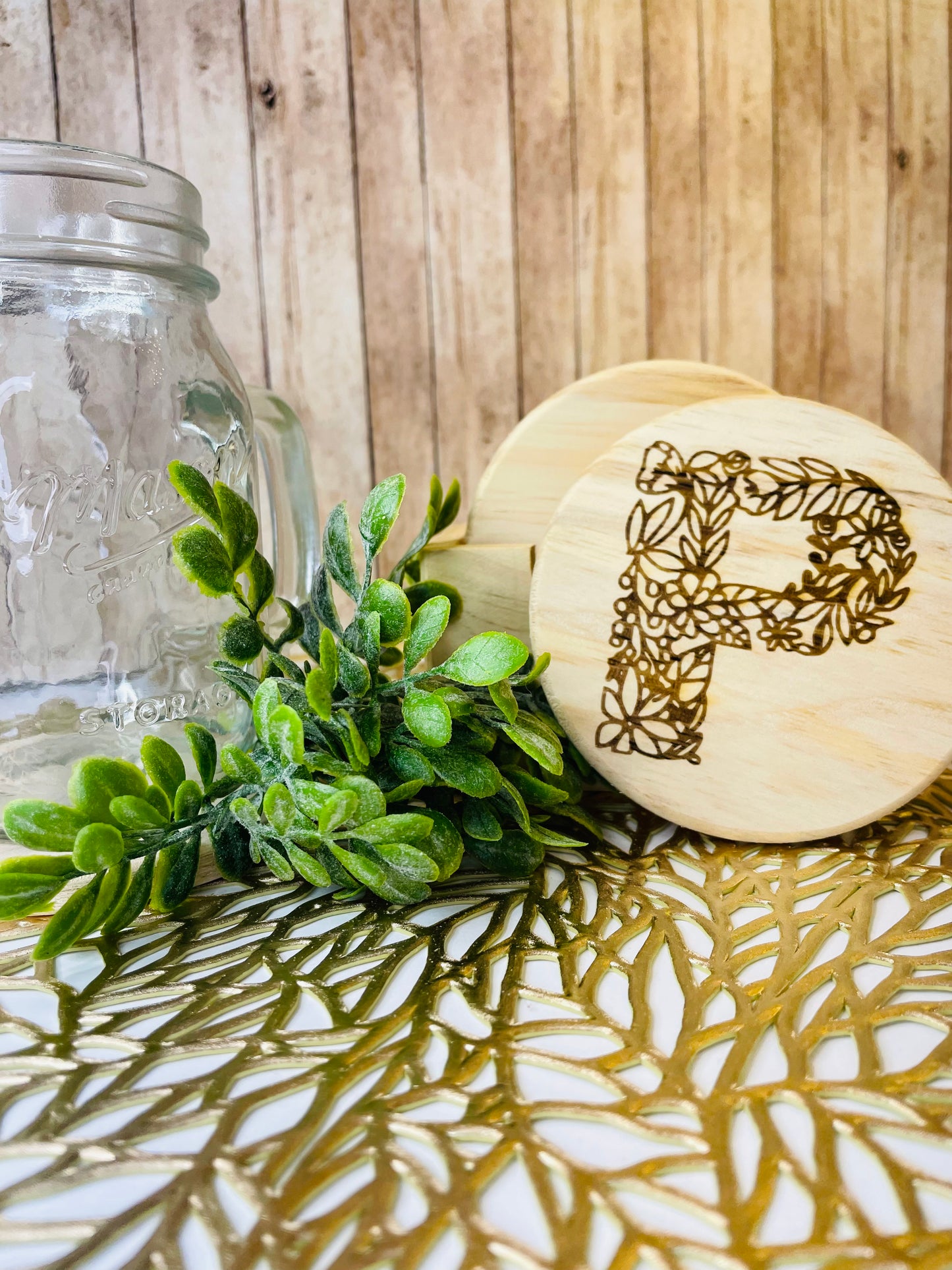 Family Floral Lace Monogram | Wood Coaster 6 Plus Holder |