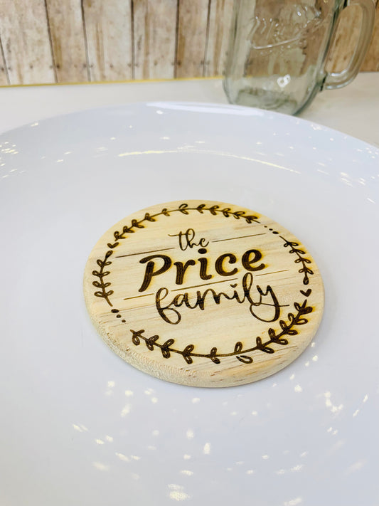 Family Wreath Monogram | Wood Coaster 6 Plus Holder |