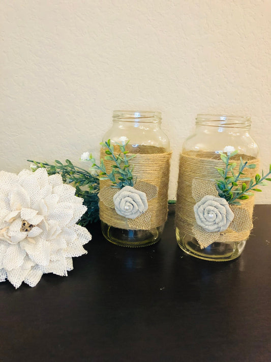 Mason Jar Twined | Pair Of 2 | Decorations | Toiletry Holder | Office Supply Holder | Farmhouse Decoration | Flower Holder |