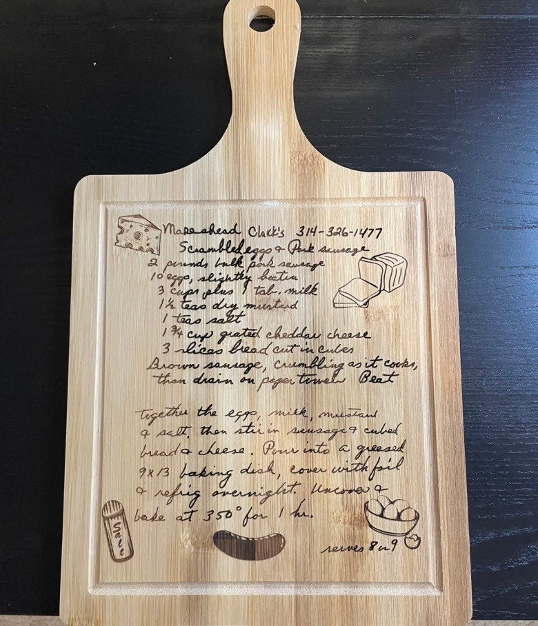 Paddle Recipe Bamboo Cutting Board | Hand Written Recipe | Custom Engraved | Custom Cutting Board | Convert Picture to Engraving |