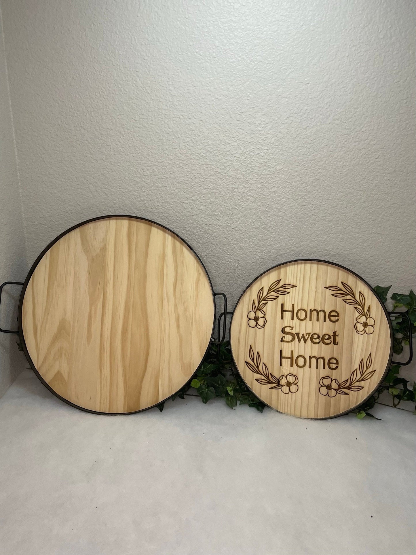 Home Sweet Home Wood Tray | Black & Natural Round Wood Tray | Laser Engraved | Wreath Wood Tray |