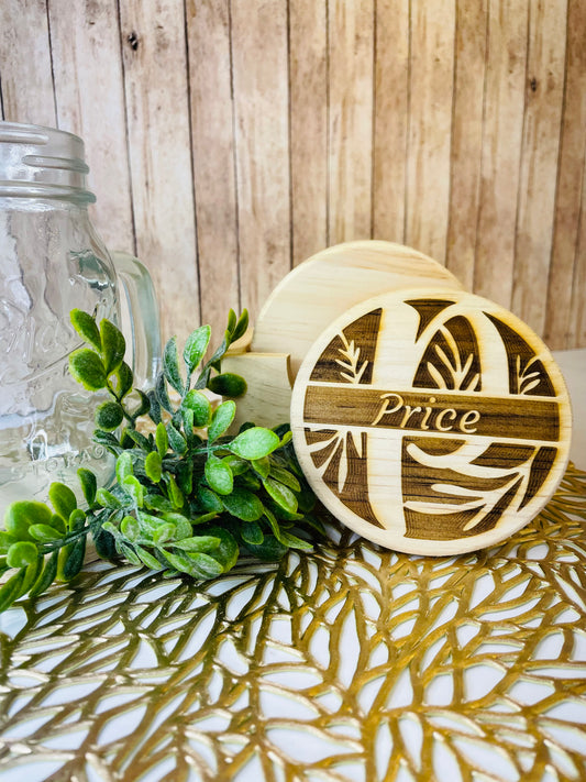 Family Floral Split Monogram | Wood Coaster 6 Plus Holder |