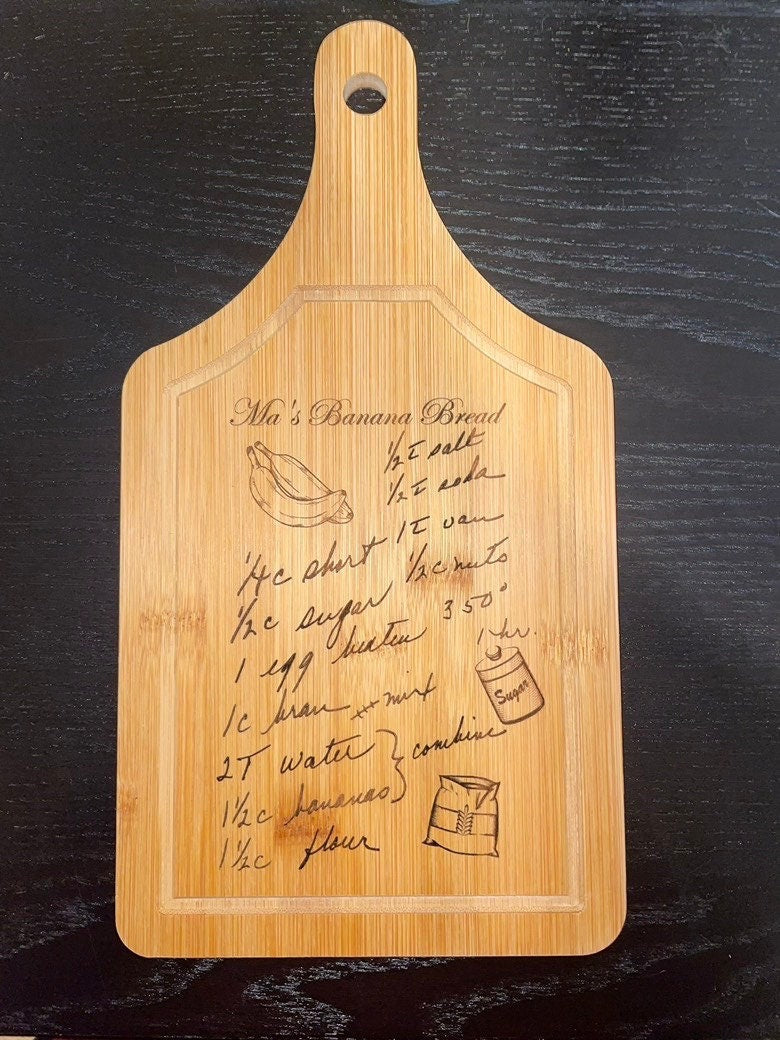 Paddle Recipe Bamboo Cutting Board | Hand Written Recipe | Custom Engraved | Custom Cutting Board | Convert Picture to Engraving |