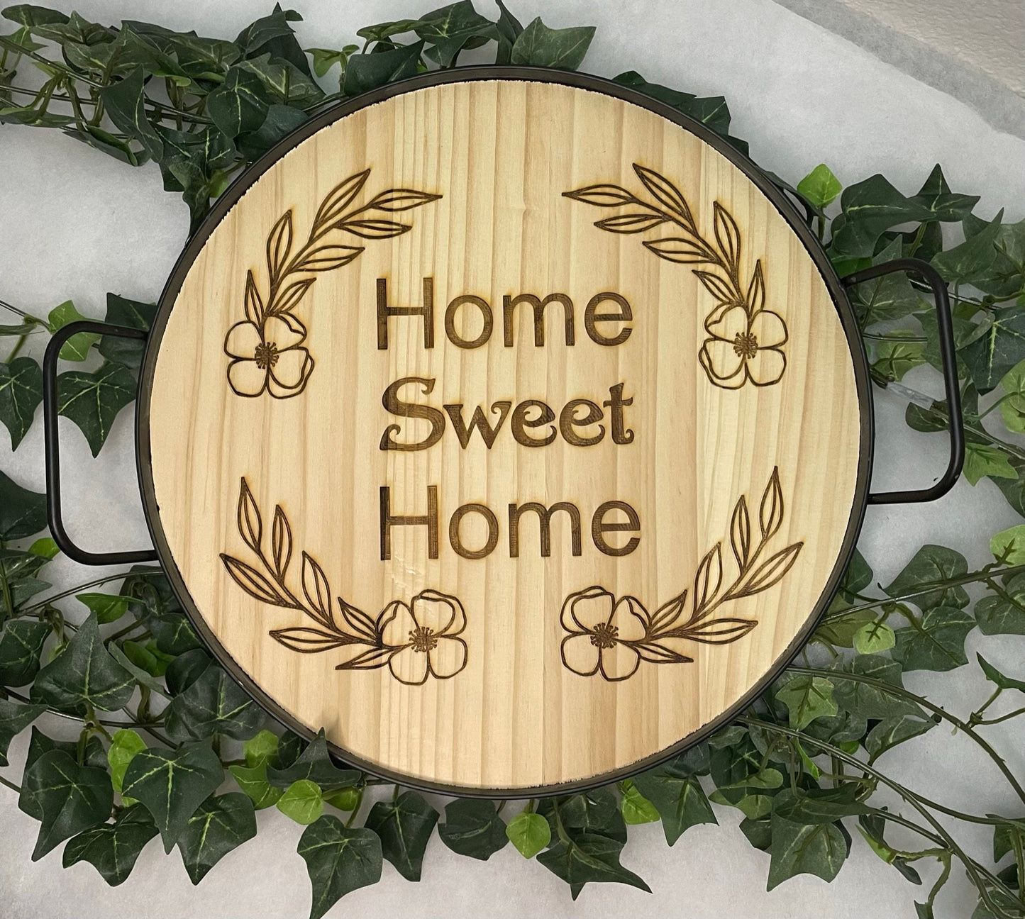 Home Sweet Home Wood Tray | Black & Natural Round Wood Tray | Laser Engraved | Wreath Wood Tray |