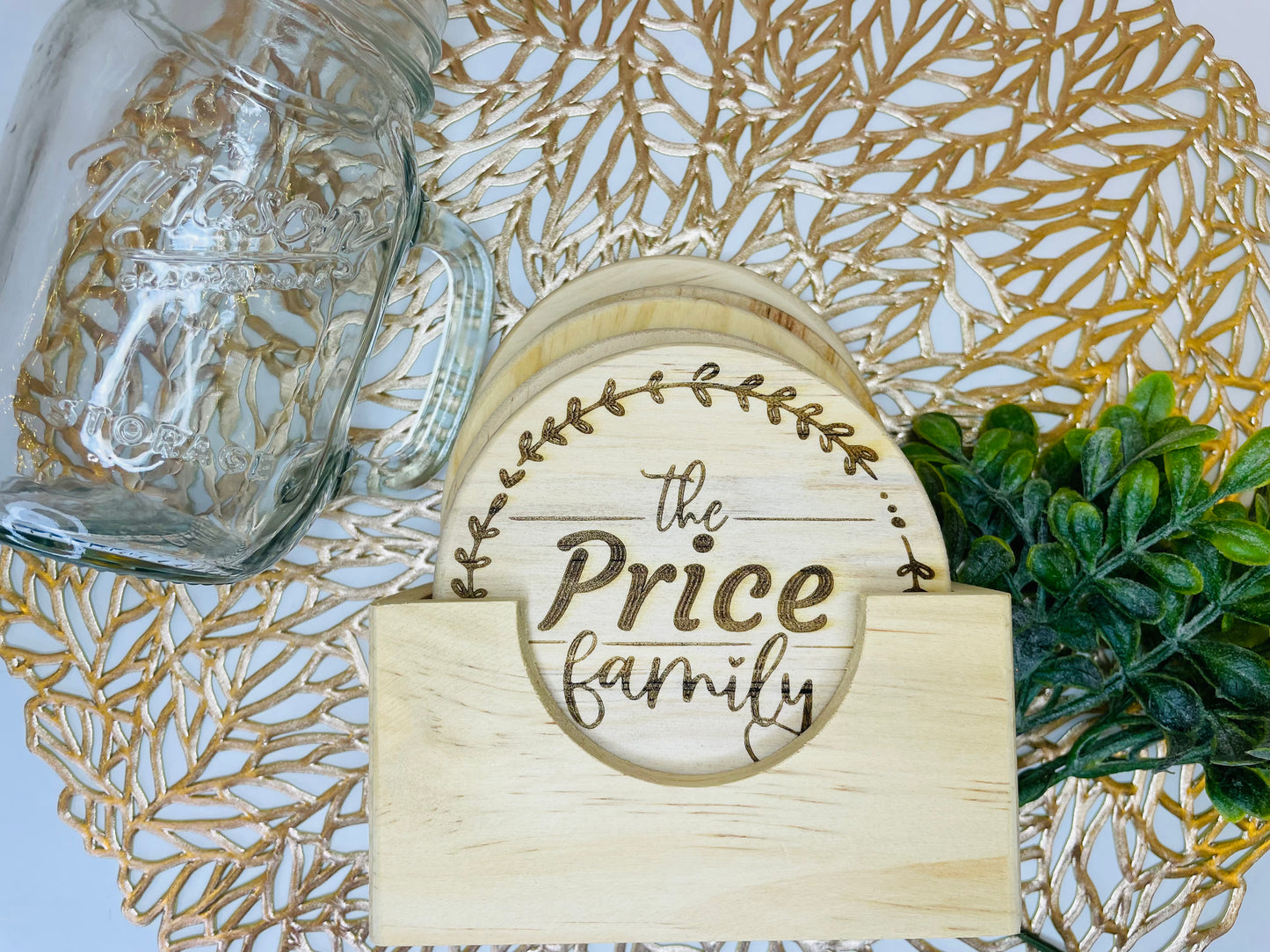 Family Wreath Monogram | Wood Coaster 6 Plus Holder |