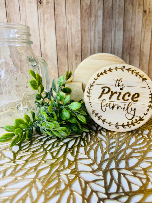 Family Wreath Monogram | Wood Coaster 6 Plus Holder |